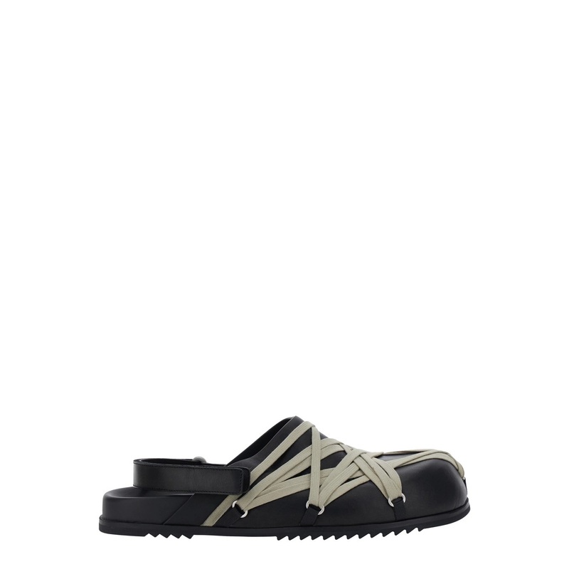 Black Mules with Oversize Decorative Laces and Buckle Closure in Leather Man