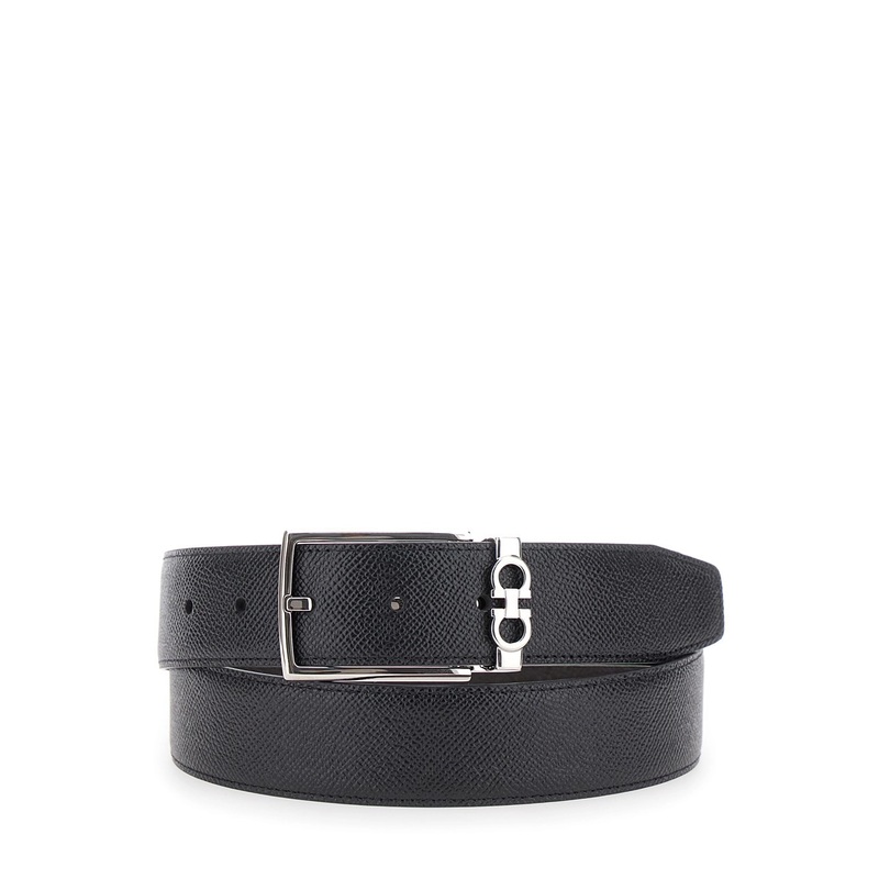 Black Reversible Belt with Gancini Buckle Belt in Grained Leather Man