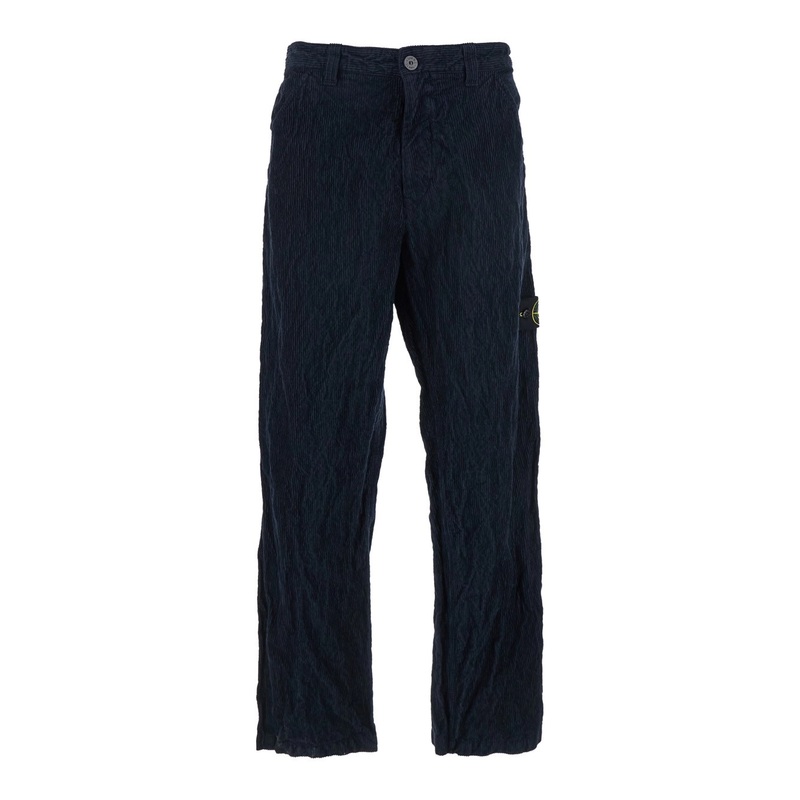 Blue Corduroy Pants with Logo Patch on the Side in Cotton Blend Man