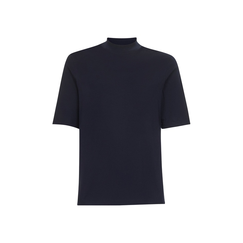Blue cotton jersey mock neck T-shirt