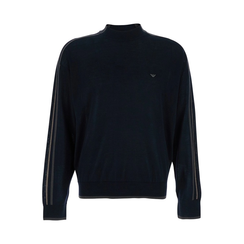Blue Crewneck Sweater with Stripe Detail on the Sleeve in Wool Man