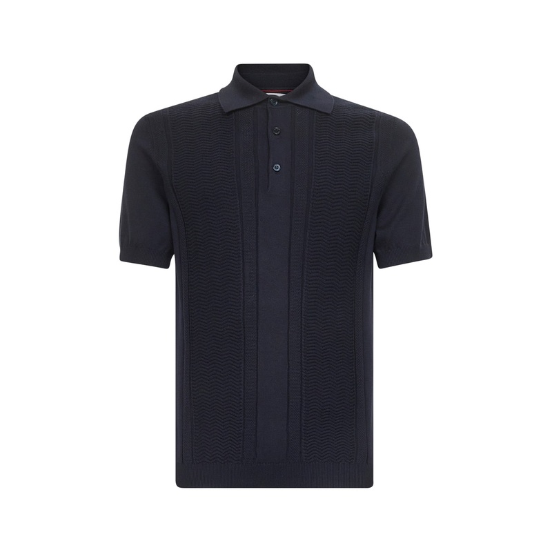 Blue Jacquard cotton knit polo shirt