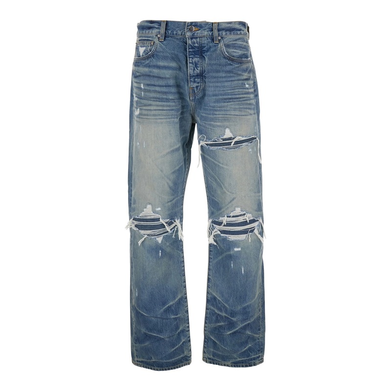 Blue Jeans with Ripped Details on the Front and Logo Patch on the Rear in Denim Man