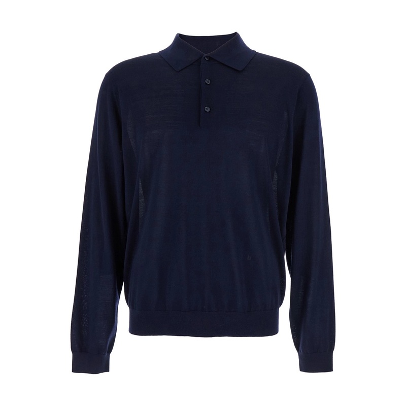 Blue Polo Shirt with Classic Collar and Ribbed Trims in Wool Man