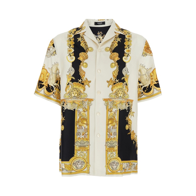 ‘Coral Teater’ White Bowling Shirt with Cuban Collar and All-Over Print in Silk Man