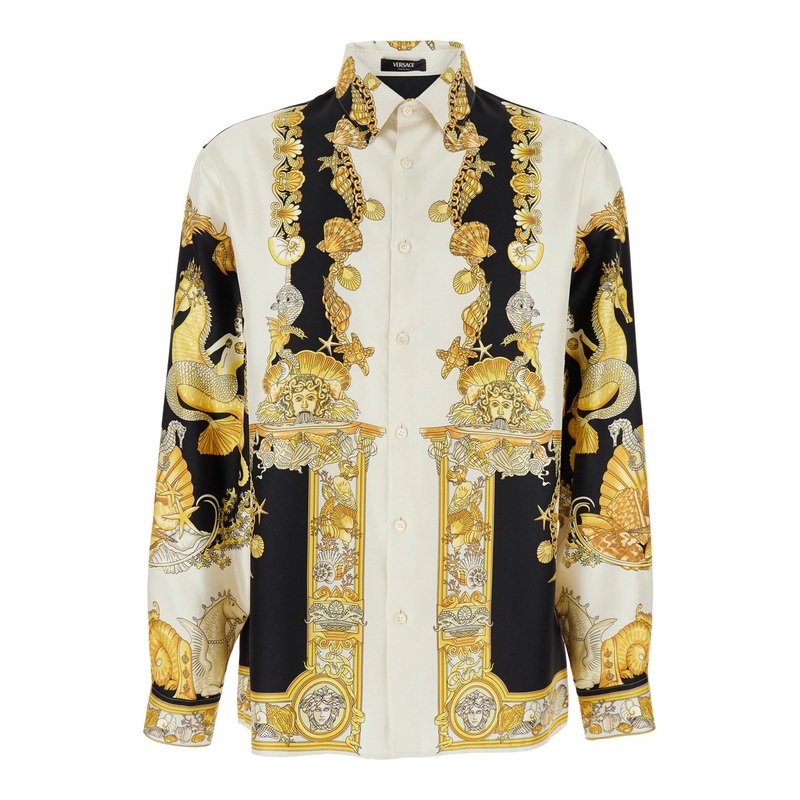 ‘Coral Teater’ White Shirt with Classic Collar and All-Over Print in Silk Man