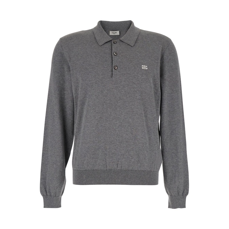 Grey Polo Shirt with Classic Collar and Triomphe Embroidery on the Front in Cotton Knit Man