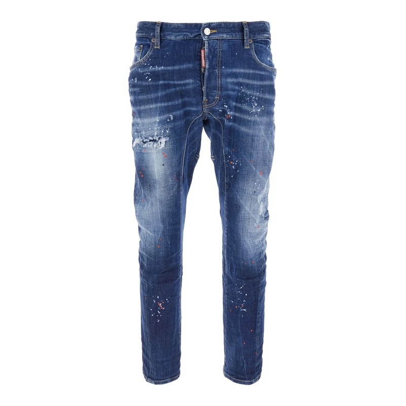 ‘Tidy Biker’ Blue Jeans with Paint Embellishments and Logo Patch on the Rear in Denim Man