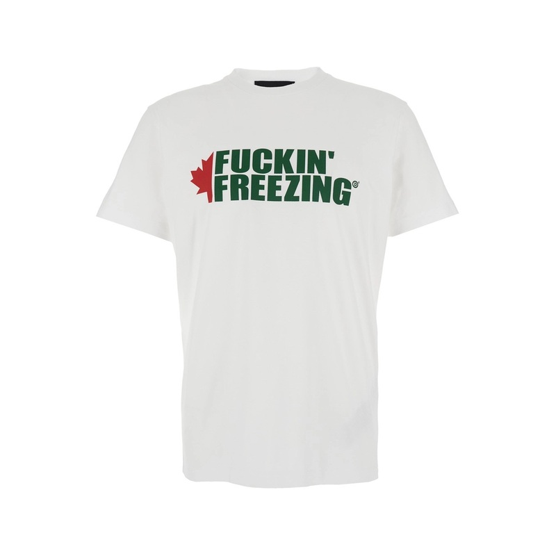 White Crewneck T-Shirt with Print on the Front and Logo Lettering on the Rear in Cotton Man