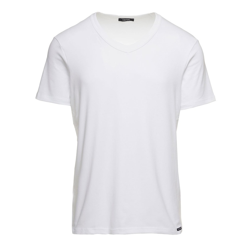 White T-Shirt with V Neck in Cotton Stretch Man