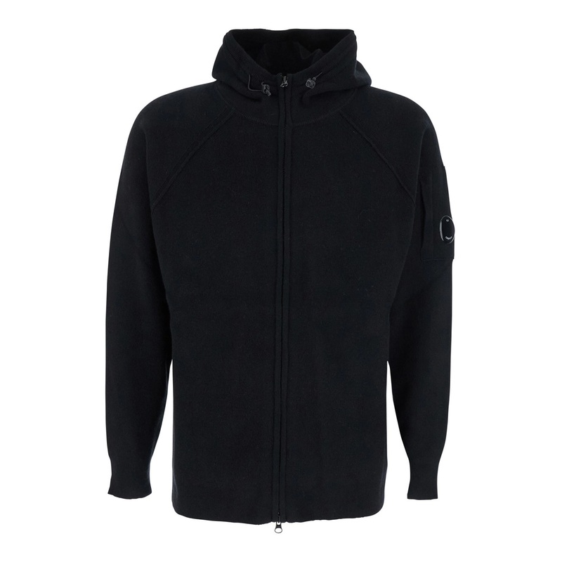 Black Cardigan with Drawstring Hood and Logo Plaque on the Sleeve in Wool Blend Man