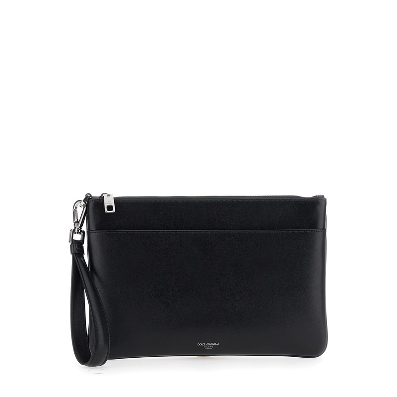 Black Clutch with Removable Wrist Strap and Logo Lettering on the Front in Leather Man