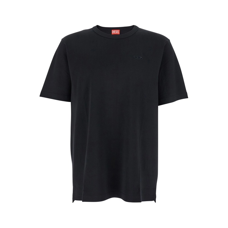 Black Crewneck T-Shirt with Tonal Logo Embroidery on the Front in Cotton Man