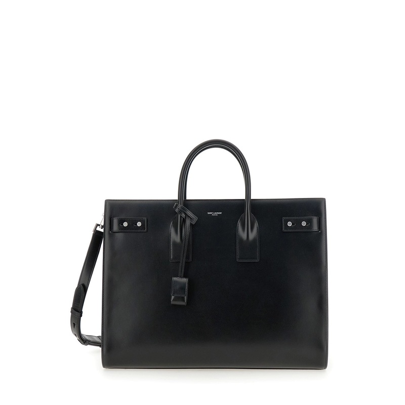 Black Handbag with Adjustable and Removable Shoulder Strap in Leather Man