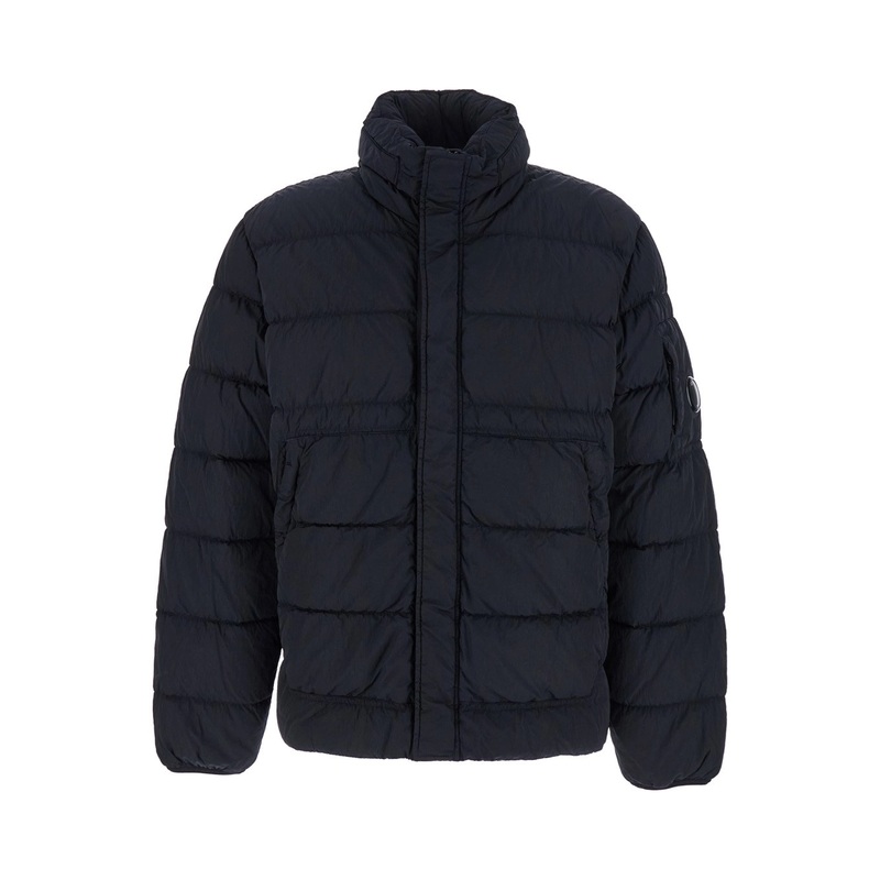 Blue Down Jacket with Fixed Hood and Logo Plaque on the Sleeve in Tech Fabric Man