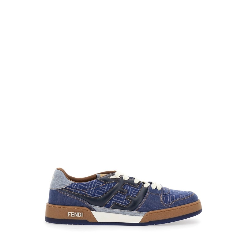 Blue Low Top Sneakers with Logo Patch on the Tongue in FF Canvas and Leather Man