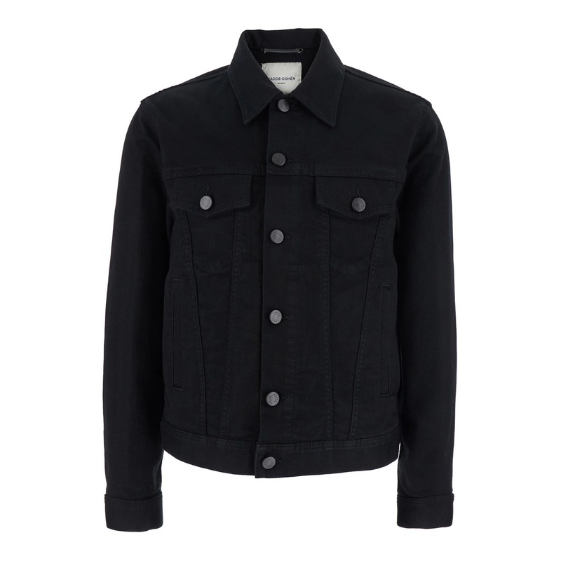 ‘Brad’ Black Jacket with Classic Collar and Logo Patch on the Rear in Denim Man