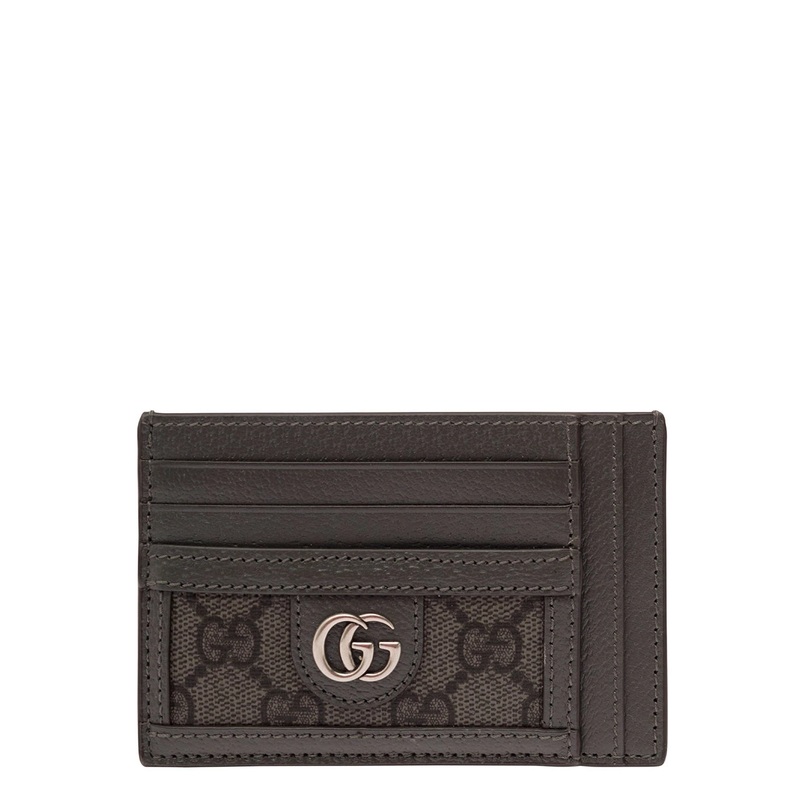 Grey Card Holder with Leather Trim and GG Motif in Fabric Man