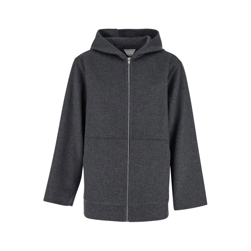 Grey Coat with Fixed Hood and Front Zip Closure in Wool Man