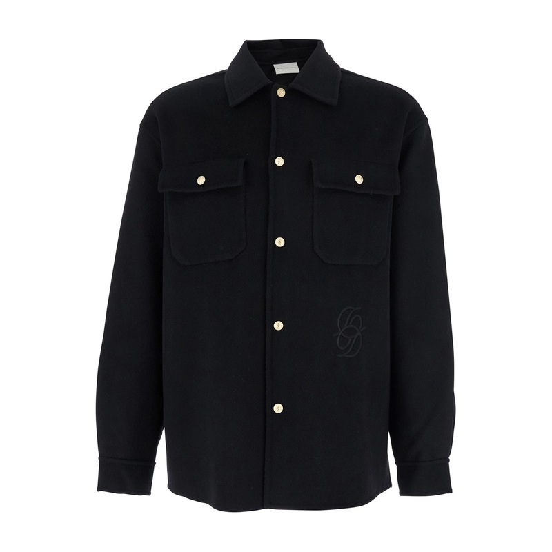 ‘La Surchemise Laine’ Black Shirt with Classic Collar and Logo Embroidery on the Front in Wool Blend Man