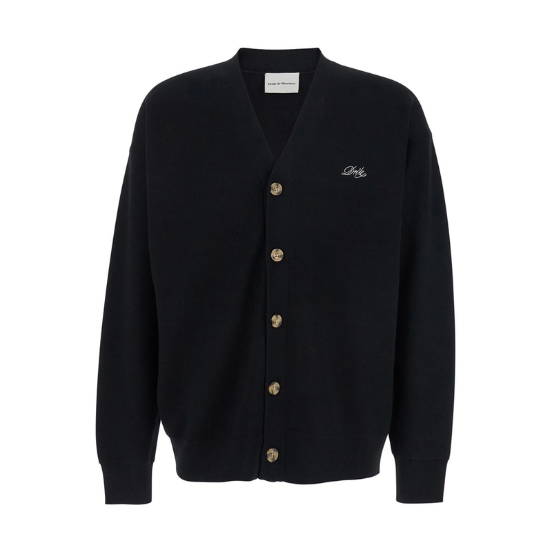 ‘Le Cardigan Drle’ Black Cardigan with V Neck and Logo Embroidery on the Front in Wool Man