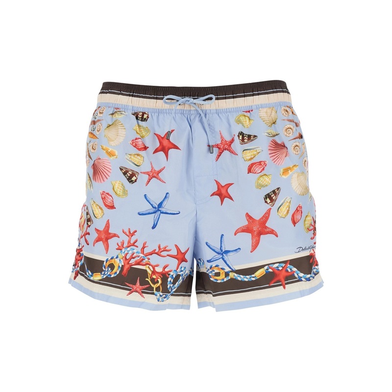 Light Blue Swim Shorts with Drawstring Elastic Waist and All-Over Print in Tech Fabric Man