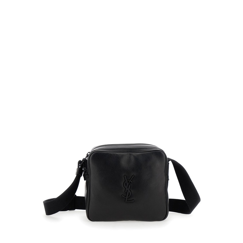 ‘Niky Cube’ Black Crossbody Bag with Cassandre on the Front and Adjustable Canvas Shoulder Strap in Leather Man