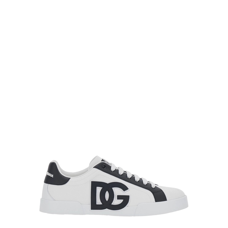 ‘Portofino’ White Low Top Sneakers with Logo Patch on the Side and Contrasting Heel with Logo Lettering in Canvas Man