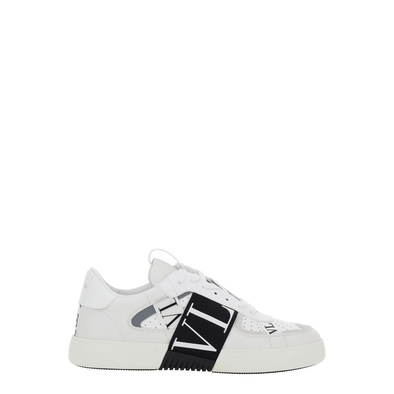 White Low Top Sneakers with Contrasting Band with Logo Lettering in Leather Man