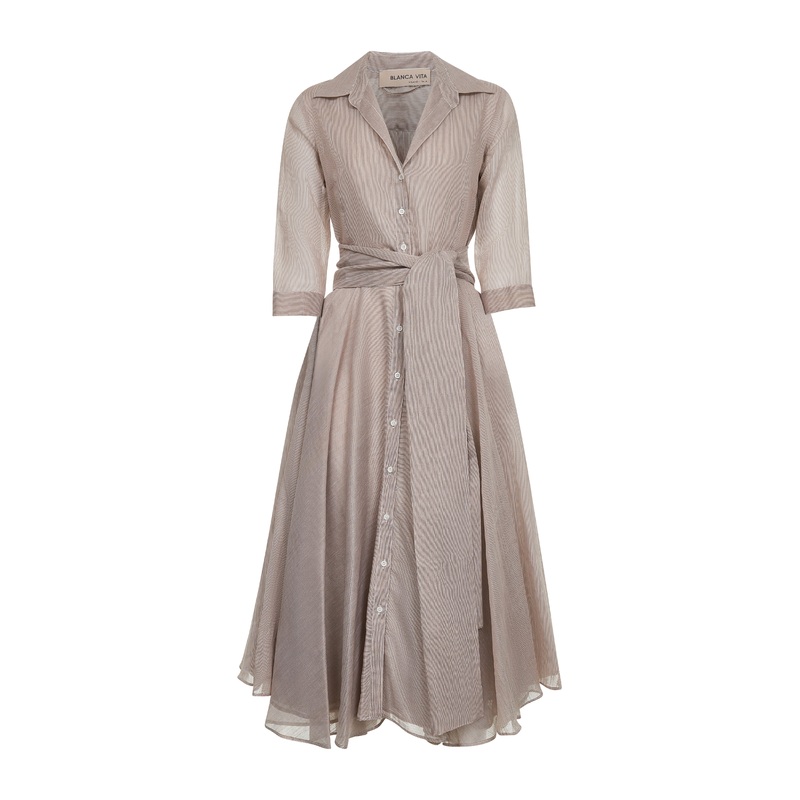 Beige striped cotton and silk Allia midi shirt dress