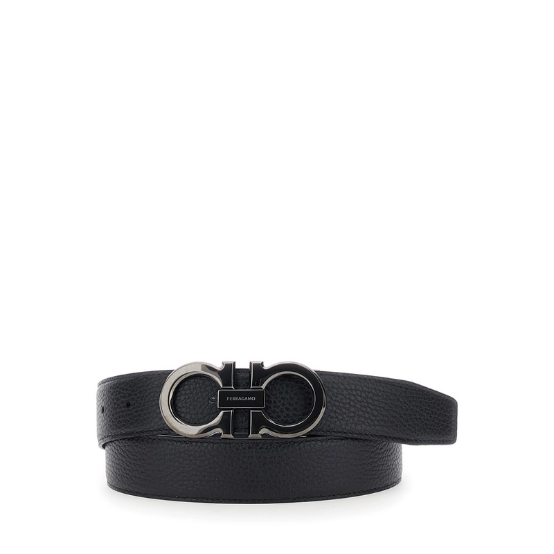 Black Belt with Gancini Buckle Closure in Leather Man