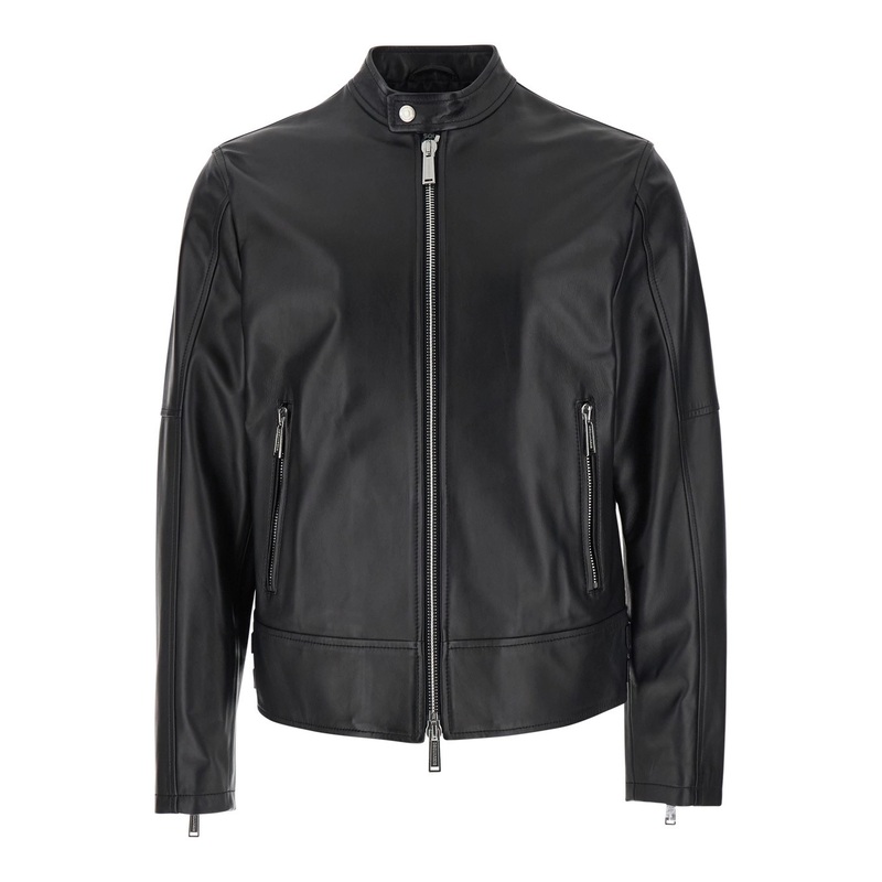 Black Biker Jacket with Mandarin Collar and Waist Straps in Leather Man