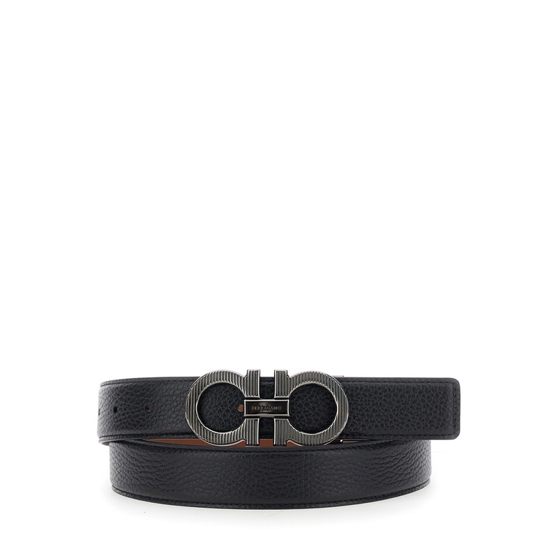 Black Reversible Belt with Gancini Buckle in Leather Man