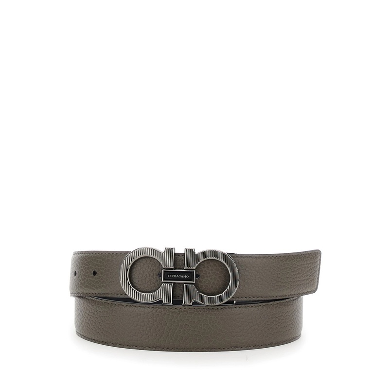 Grey Reversible Belt with Gancini Buckle in Leather Man