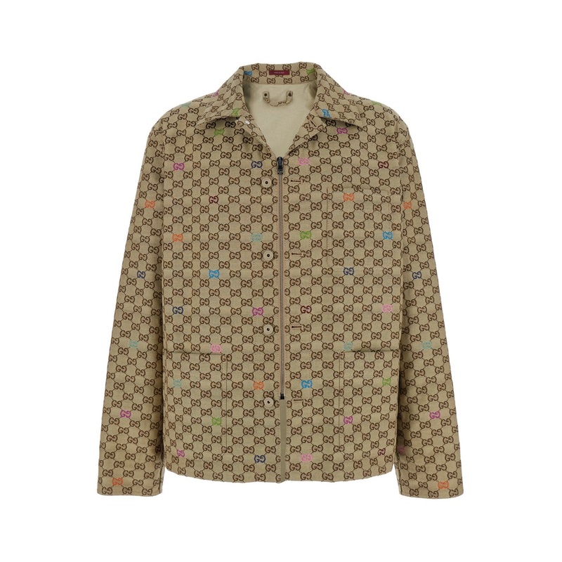 Beige Shirt with Spread Collar and Two Front Welt Pockets in GG Canvas Man