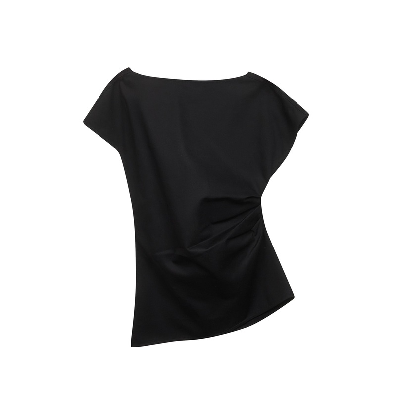 Black cotton twill asymmetric top with lace insert
