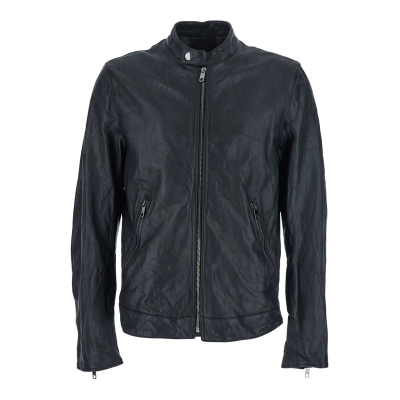 Black Crewneck Jacket with Two Front Welt Pockets with Zip in Leather Man