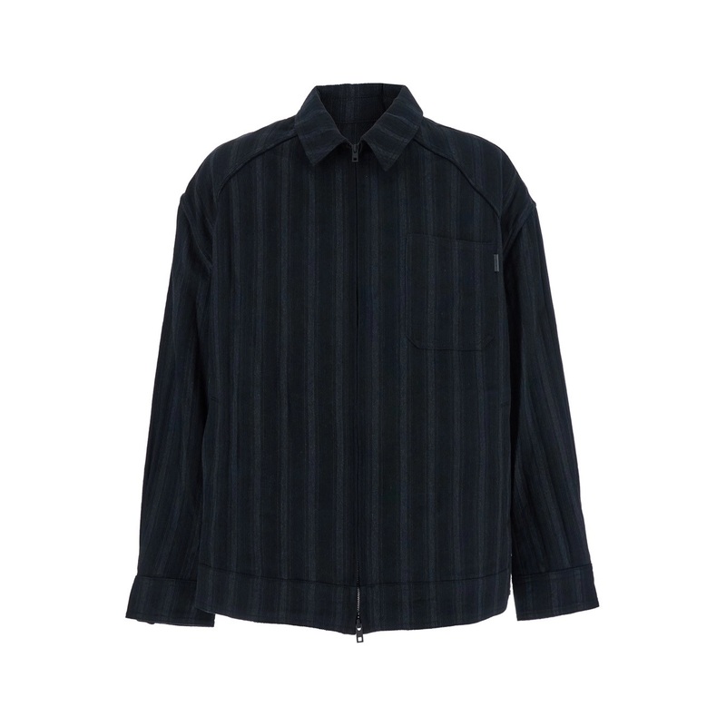 Black Jacket with Classic Collar and All-Over Stirped Motif in Wool and Cotton Blend Man