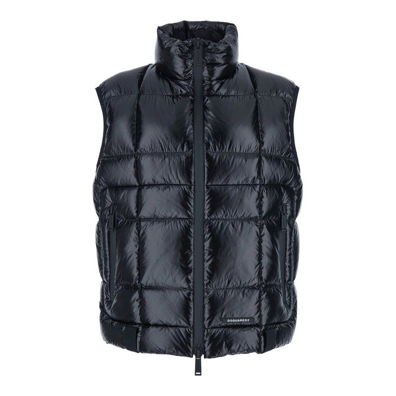 Black Sleeveless Down Jacket with High Neck and Logo Patch on the Front in Tech Fabric Man