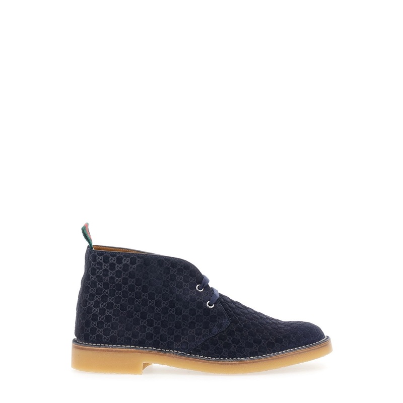 Blue Ankle Boots with Web Detail on the Heel and Low Heel in GG Suede Man