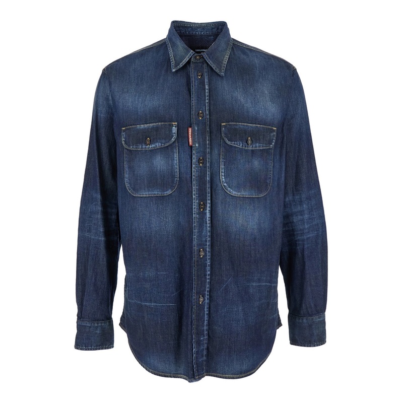 Blue Shirt with Pointed Collar and Elbow Patches in Denim Man