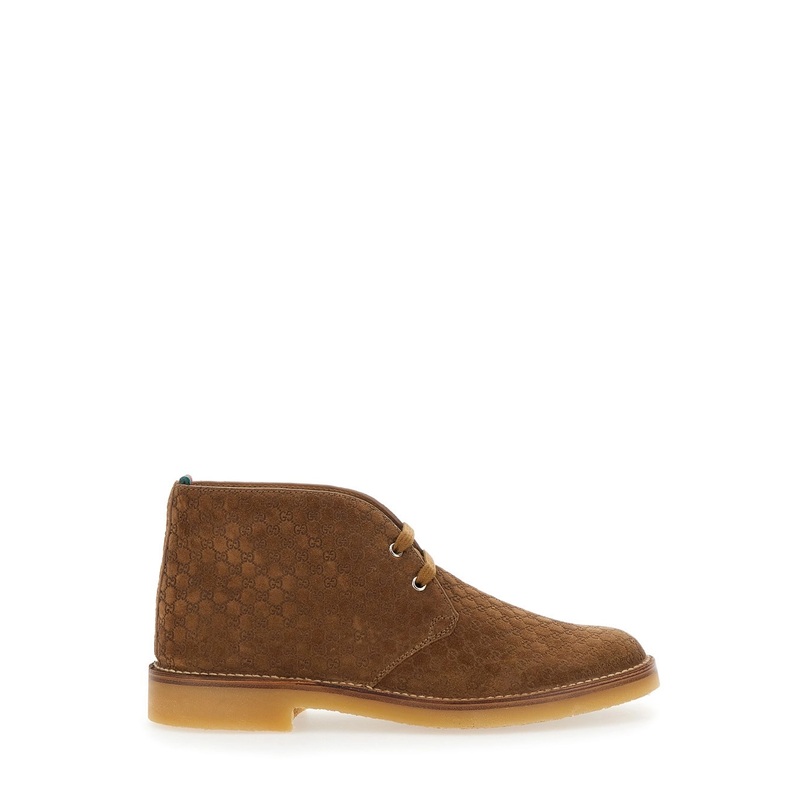 Brown Ankle Boots with Web Detail on the Heel and Low Heel in GG Suede Man
