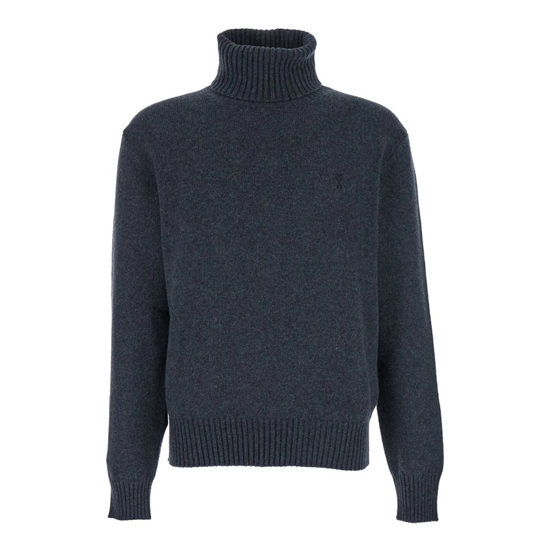 Grey Turtleneck Sweater with Ribbed Trims in Cashmere Man