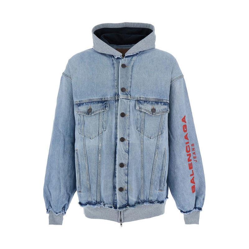 Light Blue Jacket with Fixed Hood and Maxi Logo Lettering on the Sleeve in Denim Man