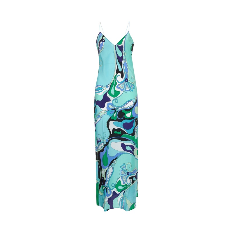 Orchidee print silk crpe de chine long slip dress