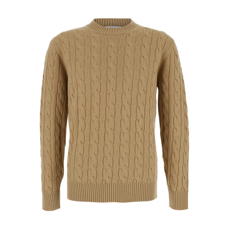 Beige Crew Neck Sweater with Braided Design in Wool Man