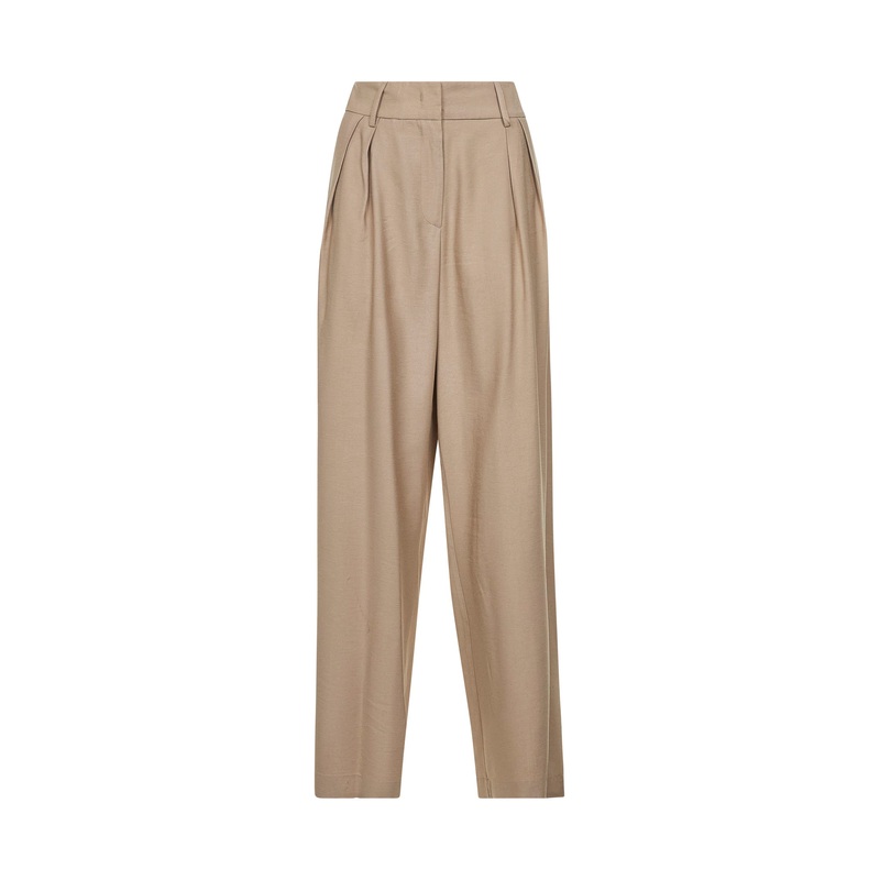 Beige viscose blend double-pleat trousers