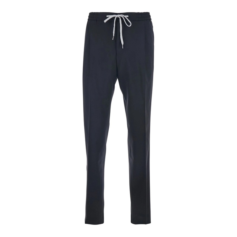 Black Pants with Drawstring Waist in Wool Stretch Man