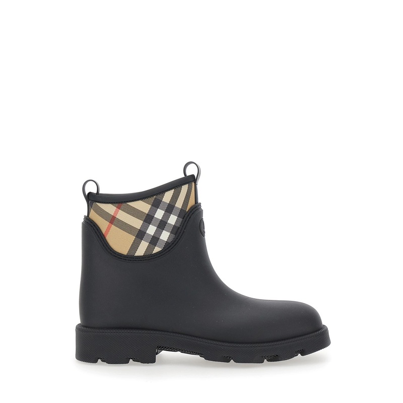 Black Rain Ankle Boots with Embossed EKD Logo and Check Motif in Rubber Man