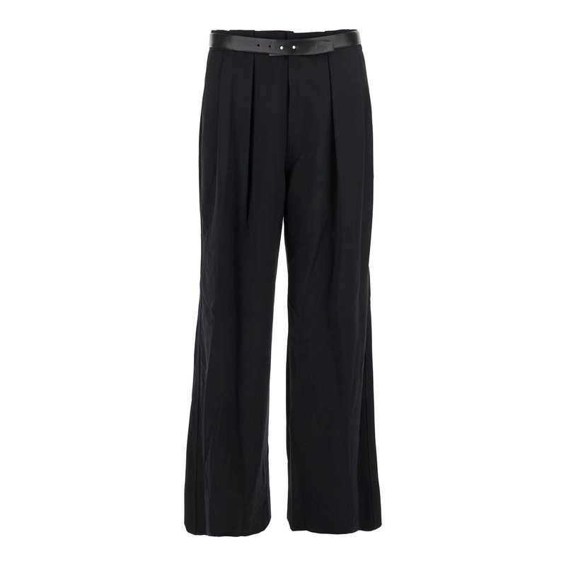Black Trousers with Built-in Belt and Pleated Design in Wool Blend Man